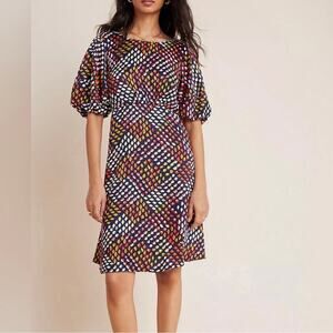 Anthropologie Maeve Melody Dress Navy Blue Floral Puff Sleeve Boho Twee Size 0